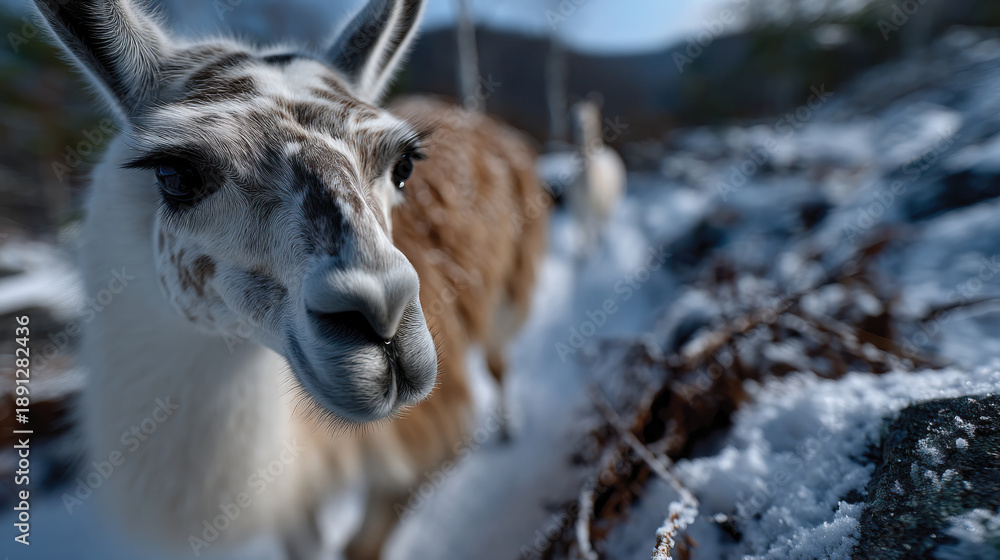 Fototapeta premium A close-up on a llama's face showcases its unique features in a snowy mountain landscape, emphasizing the beauty of nature and wildlife in serene winter conditions.