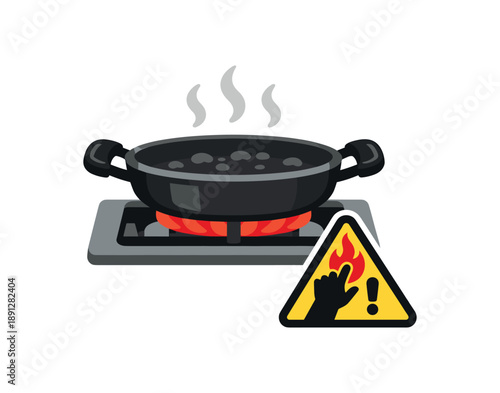 full color flat icon hot pan on back burner with turned handles and small warning icon for child burn safety