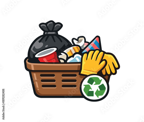 full color flat icon party cleanup basket with trash bag gloves and tiny recycle icon