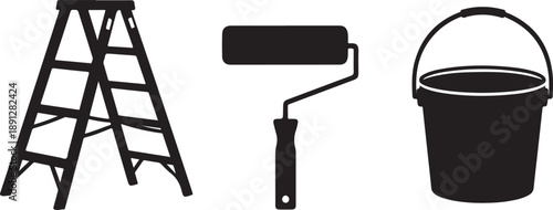 Black silhouette icons of a step ladder, paint roller, and bucket on a white background, representing home improvement or painting tasks.