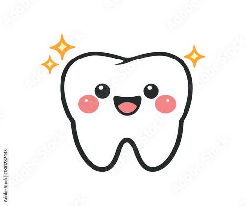 full color flat icon smiling tooth character with rosy cheeks and tiny sparkle clean teeth