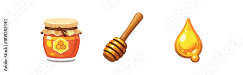 full color flat honey jar amber dipper wood drip gold