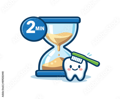full color flat icon hourglass with two minute mark and tiny tooth icon brushing timer