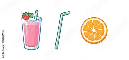 full color flat smoothie glass pink straw mint fruit slice orange