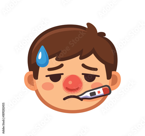 colored flat icon vector illustration isolated on white background sick person face with red nose small thermometer mouth and soft sweat drop mild fever illness