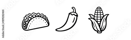 black and white outline mexican taco chili pepper corn cob