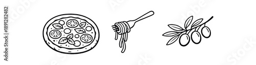 black and white outline italian pizza margherita pasta fork twirl olive branch