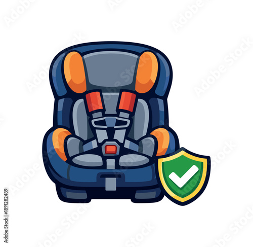 full color flat icon child properly buckled with harness and tiny shield road safety