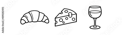 black and white outline french croissant cheese wedge wine glass