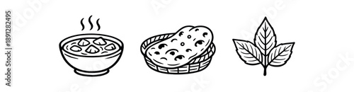 black and white outline indian curry bowl naan bread spice leaf