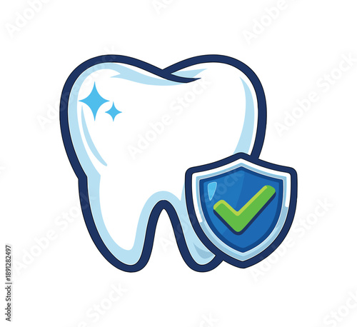 full color flat icon tooth with tiny shield icon cavity protection concept