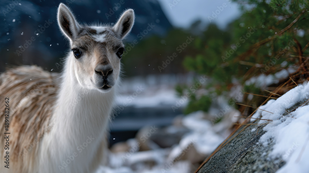 Fototapeta premium A curious llama gazes at the camera while surrounded by picturesque winter scenery, emphasizing the beauty and charm of wildlife in their natural habitat during snowy weather.