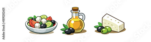 full color flat greek salad green cucumber red tomato white feta olive oil gold