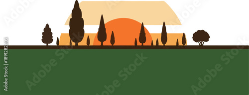 Stylized flat illustration of a tree line silhouette against a warm sunset sky, evoking a peaceful, natural landscape.