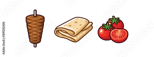 full color flat turkish kebab brown meat flatbread beige tomato red