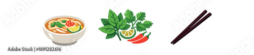 full color flat vietnamese pho light brown broth herbs green chopsticks dark