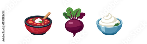 full color flat ukrainian borscht deep red beet purple sour cream white