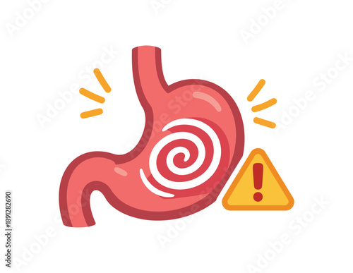 colored flat icon vector illustration isolated on white background stomach icon with swirl line and tiny exclamation digestive upset or stomach ache