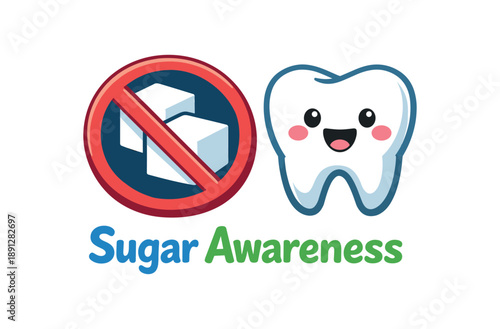 full color flat icon sugar cube crossed next to smiling tooth sugar awareness
