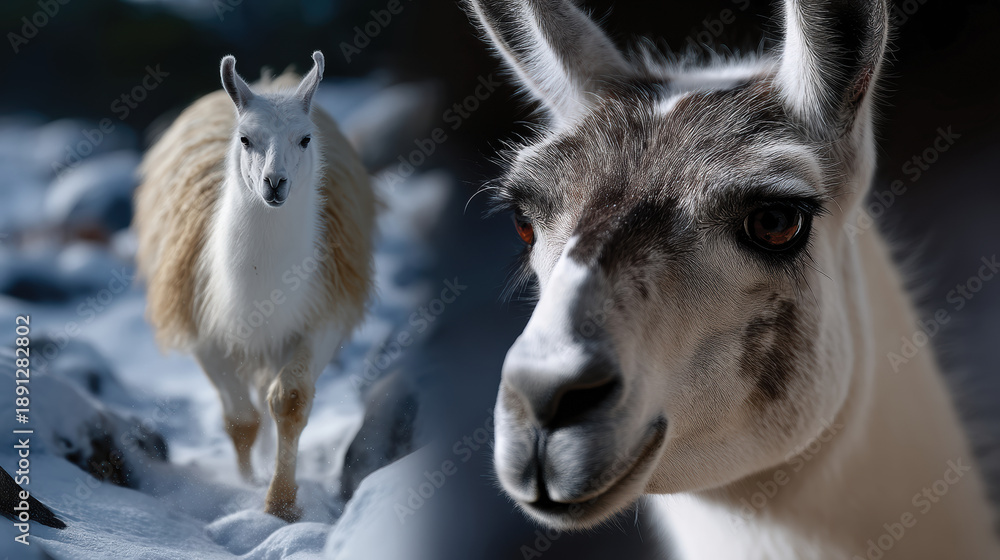 Fototapeta premium A beautiful llama gracefully walks through a snowy terrain, highlighting its texture and unique features against a scenic winter backdrop of mountains and trees.