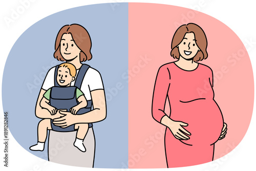 Pregnant woman before and after childbirth, puts hands on stomach or holds newborn baby in arms. Happy girl experiences happiness after childbirth and positive emotions from motherhood