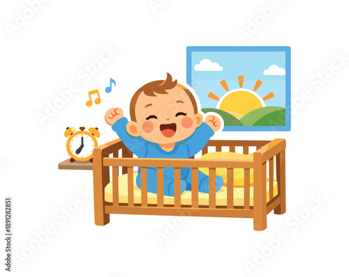 colored flat icon vector illustration isolated on white background baby waking crib with rising sun through window gentle morning start