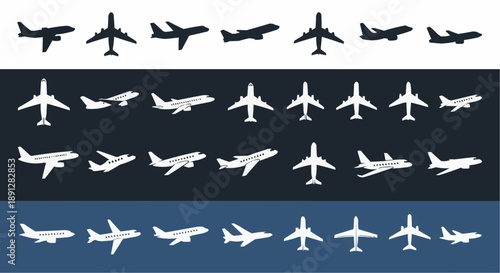 Airplane silhouettes and icons in various colors and backgrounds for travel and aviation concepts