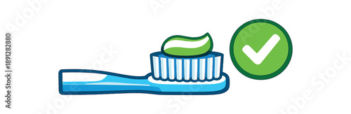 full color flat icon toothpaste dot on brush pea size with checkmark correct amount