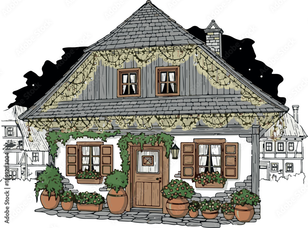 Fototapeta premium Charming illustration of a cozy house decorated with festive Christmas lights and potted plants, creating a warm holiday atmosphere.