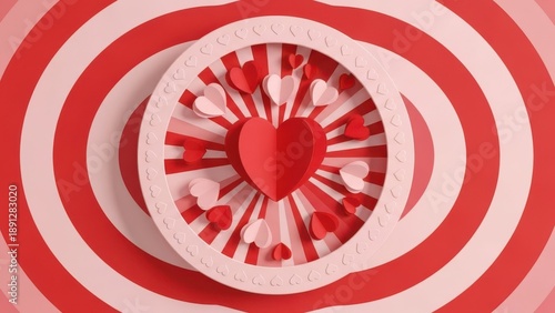 Abstract red and white heart design with concentric circles generating a sense of depth and love
