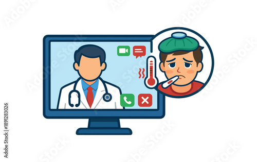 colored flat icon vector illustration isolated on white background telemedicine screen with doctor icon and sick patient face remote illness consultation