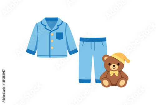 colored flat icon vector illustration isolated on white background pajamas laid next to small teddy bedtime prep