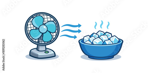 full color flat icon electric fan next to bowl of ice simple heat relief trick