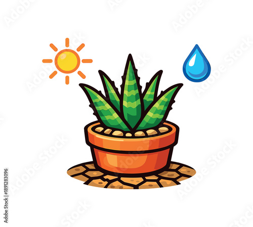 full color flat icon drought tolerant plant pot with sun and droplet