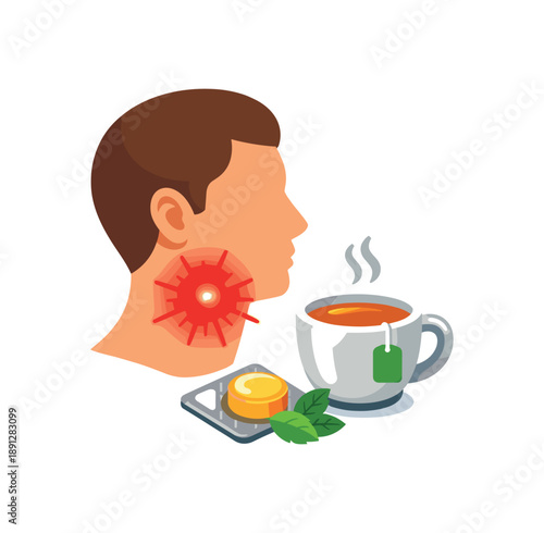 colored flat icon vector illustration isolated on white background sore throat illustration side neck red glow tiny lozenge and tea cup relief