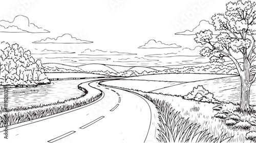 Scenic hand-drawn landscape featuring a winding road through rolling hills, a calm lake, and trees under a cloudy sky.