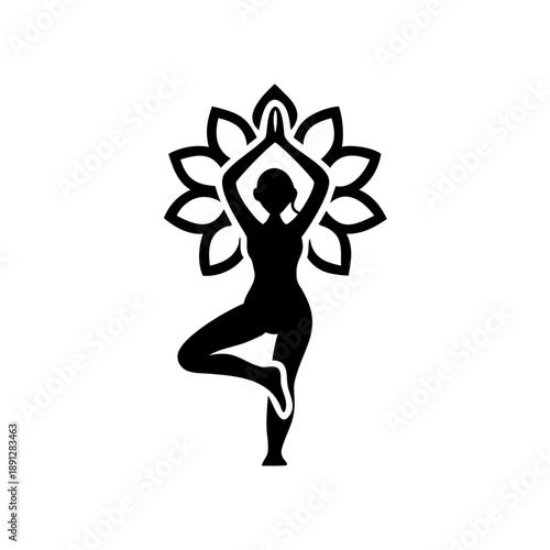 Black minimalist yoga tree pose silhouette with lotus wellness icon