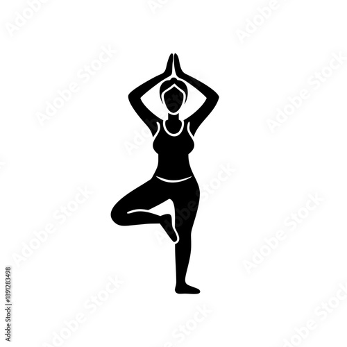 Black silhouette woman yoga tree pose balancing wellness icon for fitness apps.