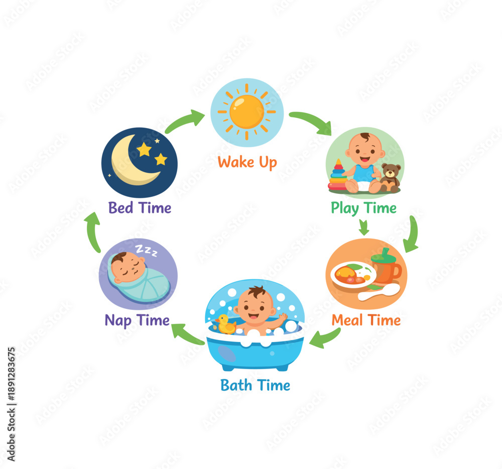 Fototapeta premium colored flat icon vector illustration isolated on white background daily routine chart with tiny baby sun play food bath moon structured day