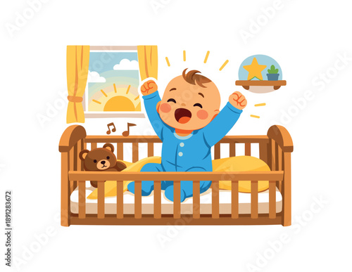 colored flat icon vector illustration isolated on white background baby stretching crib with soft morning light start of the day