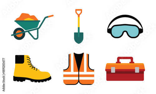 Construction site essentials icons including wheelbarrow, shovel, and safety vest