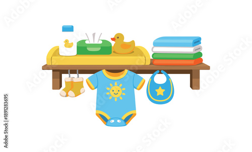 colored flat icon vector illustration isolated on white background changing table with fresh clothes folded next to baby morning outfit change