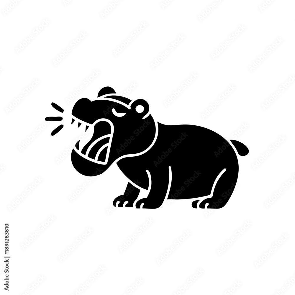 Fototapeta premium Minimalist black hippopotamus roaring icon for wildlife branding logo design.