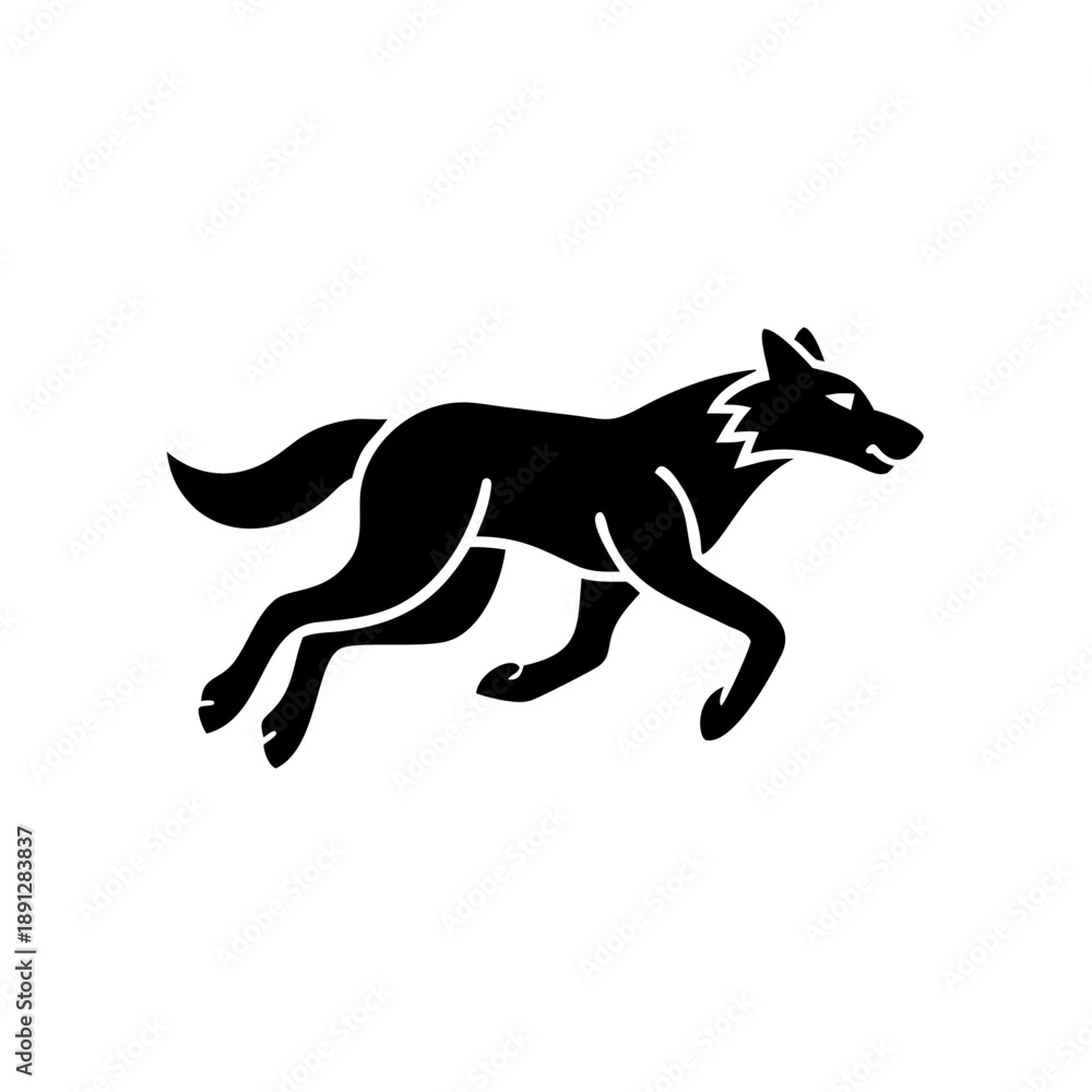 Fototapeta premium Minimalist black silhouette running wolf mascot logo for wildlife branding.