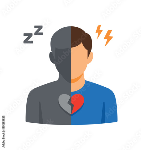 colored flat icon vector illustration isolated on white background person silhouette half grey half colored small heart showing chronic disease fatigue