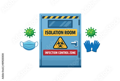 colored flat icon vector illustration isolated on white background isolation room door with mask gloves and virus infection control zone