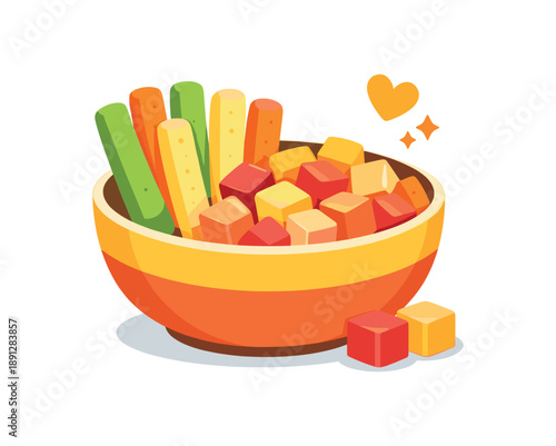 colored flat icon vector illustration isolated on white background snack time bowl with soft veggie sticks and fruit cubes toddler snack