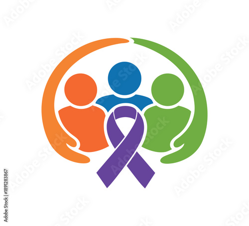 colored flat icon vector illustration isolated on white background support group circle three silhouettes with ribbon icon living with chronic illness together