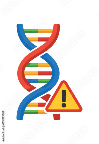 colored flat icon vector illustration isolated on white background DNA strand with tiny warning sign genetic disease risk awareness