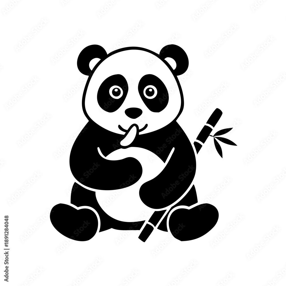 Fototapeta premium Minimalist panda holding bamboo, versatile mascot logo for wildlife conservation.
